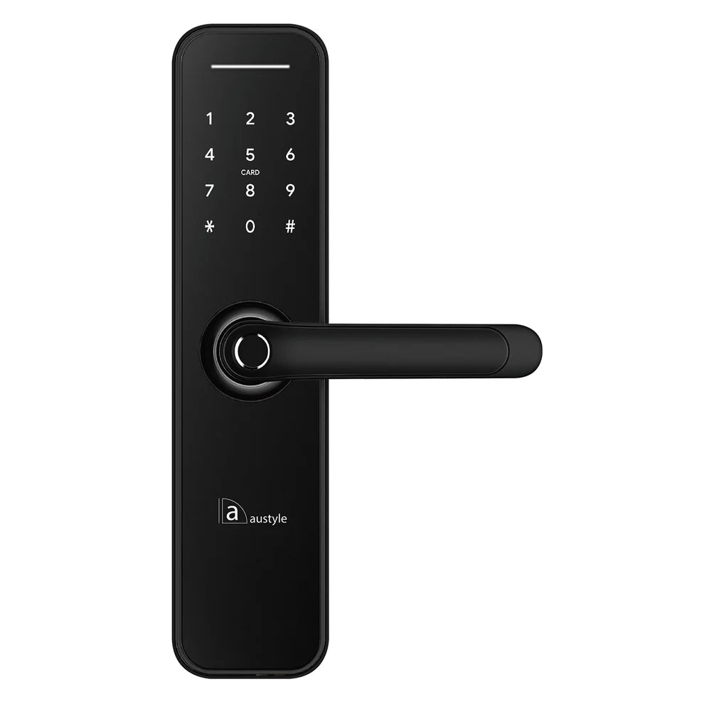Black digital door handle with keypad on a white background. AustyleDigitalDoorLeverHandleLatchSetMattBlack