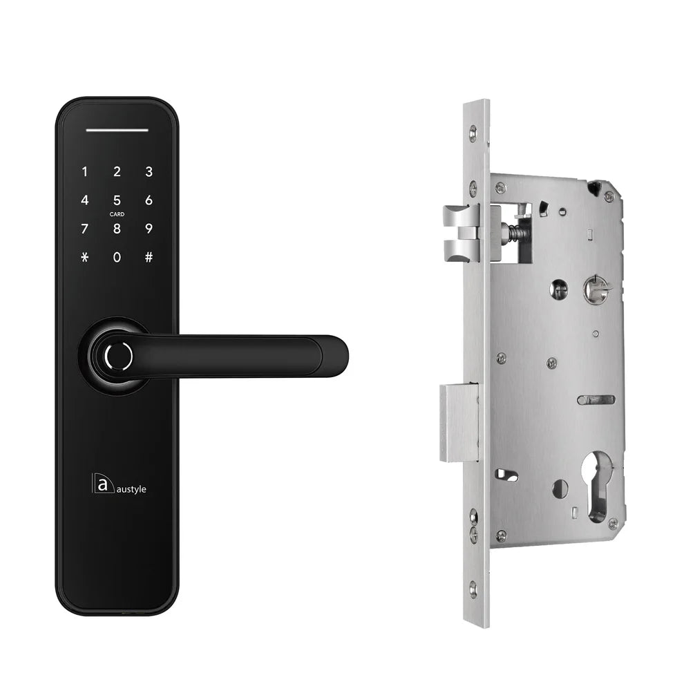 Digital door handle with electronic keypad on a white background. AustyleSmartDigitalDoorLeverEntranceSetMattBlack_2665ffc8-b591-4b7c-bb37-10c37769e669