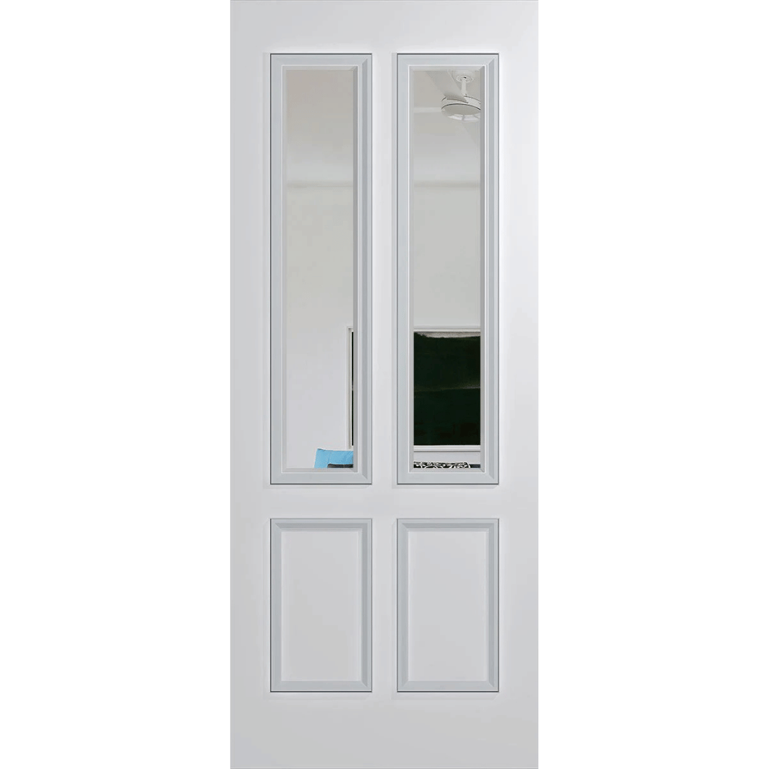 White door with glass panels on a green background. BFR12DuraXPClear.