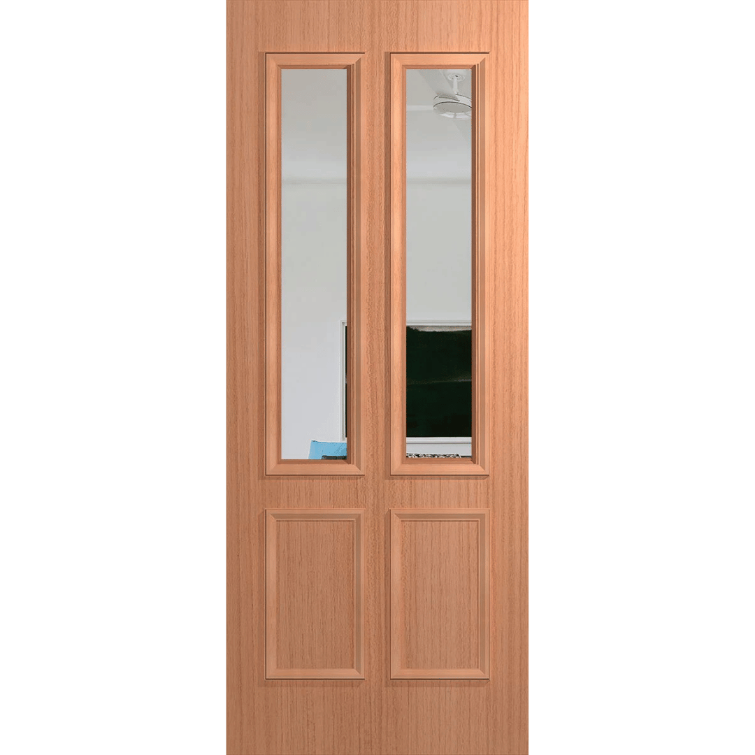 Wooden door with glass panels on a green background. BFR12SPMClear.