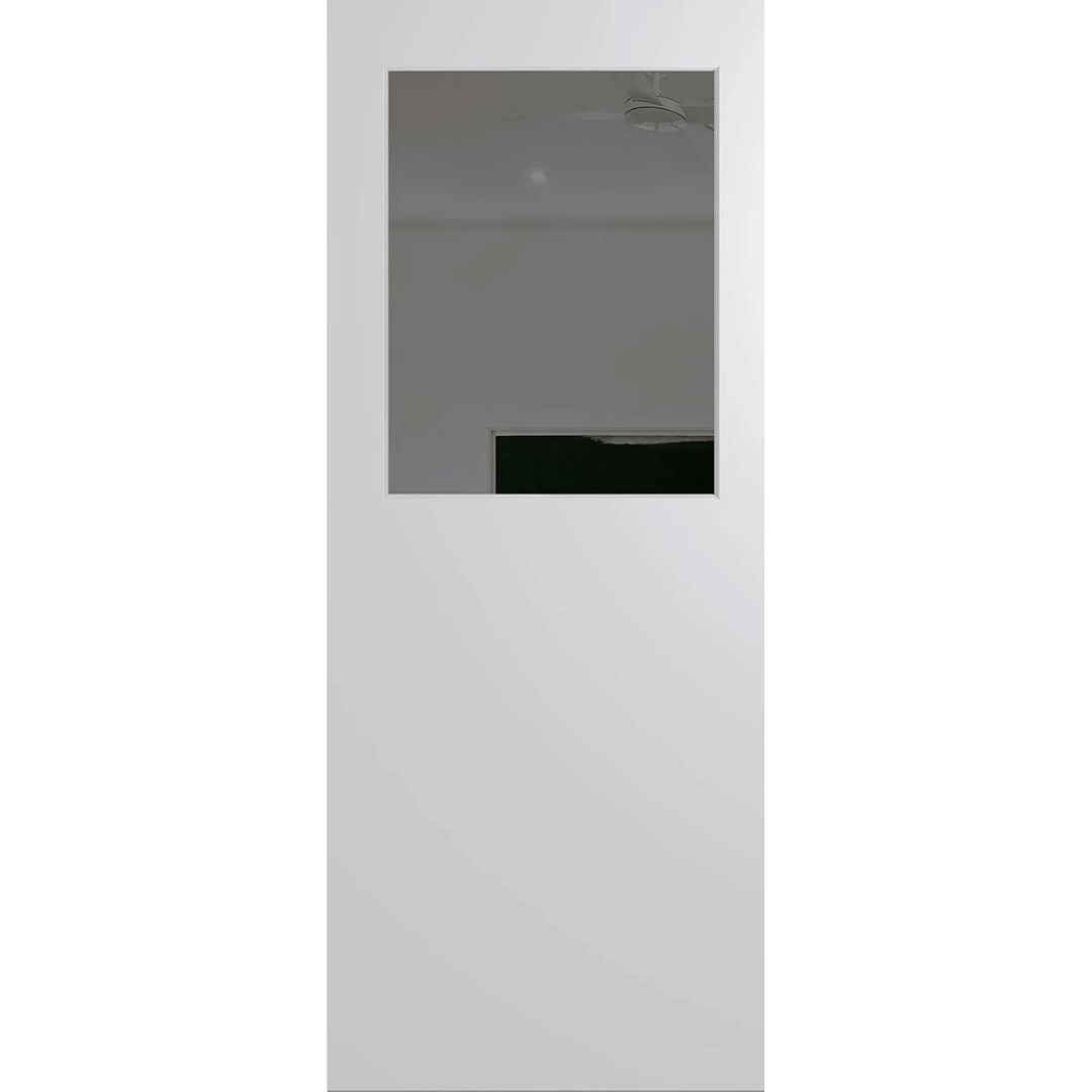 White door with a rectangular glass panel on a green background. BFR14DuraXPGrey.