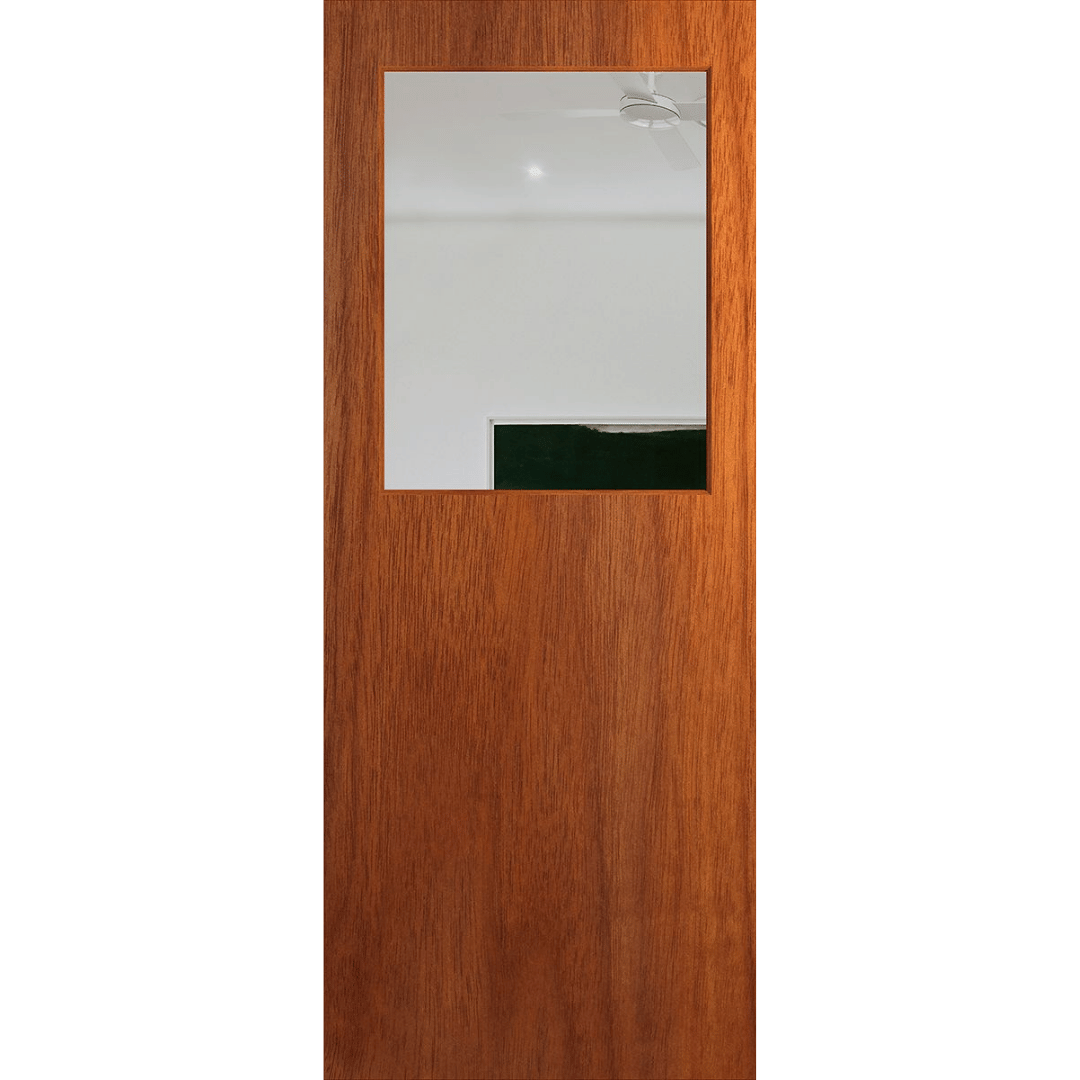 Wooden door with a glass panel on a green background. BFR14_Merbau_Clear.