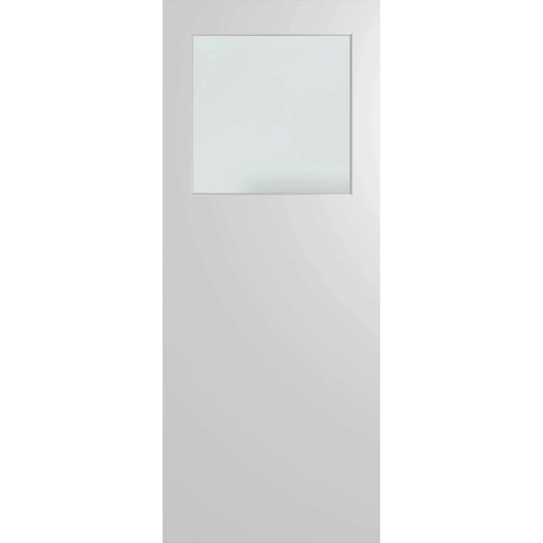 White door with a square glass panel on a green background. BFR15DuraXPFrost.