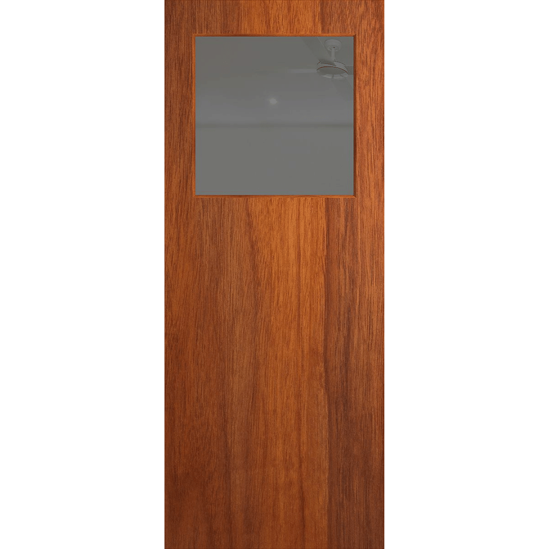 Wooden door with a rectangular glass panel on a transparent background. BFR15MerbauGrey.