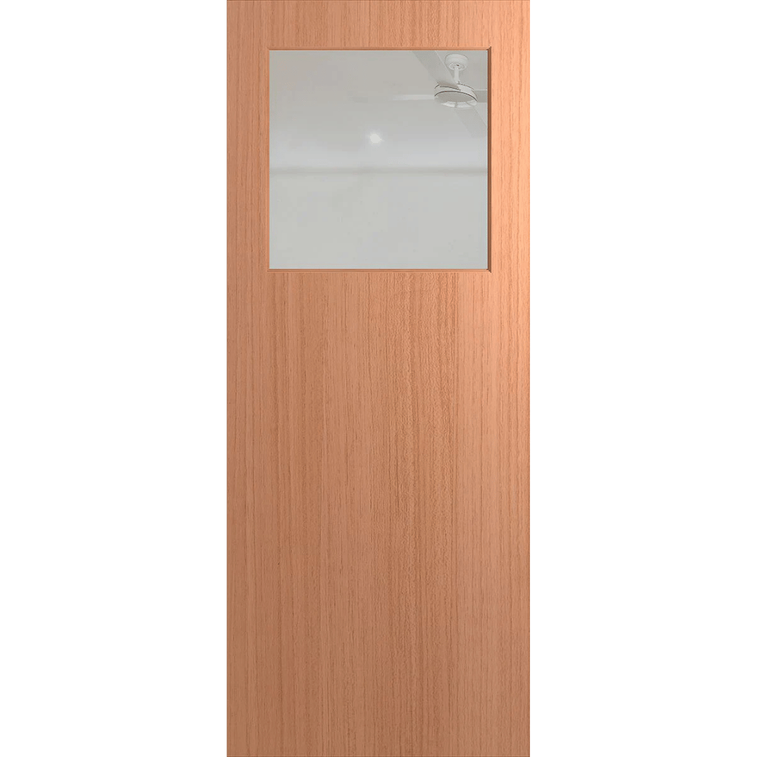 Wooden door with a glass panel on a green background. BFR15SPMClear.