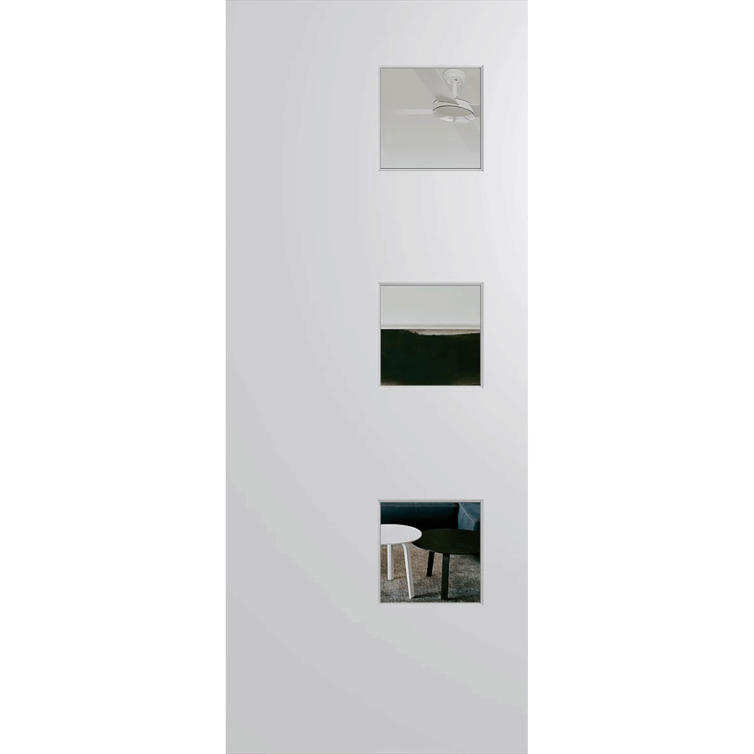 White door with glass panels featuring reflections of a room interior. BFR1DuraXPClear.