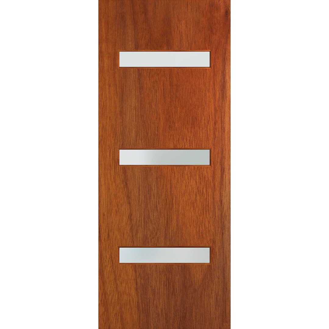 Wooden door with three silver rectangular handles on a white background. BFR2MerbauFrost.