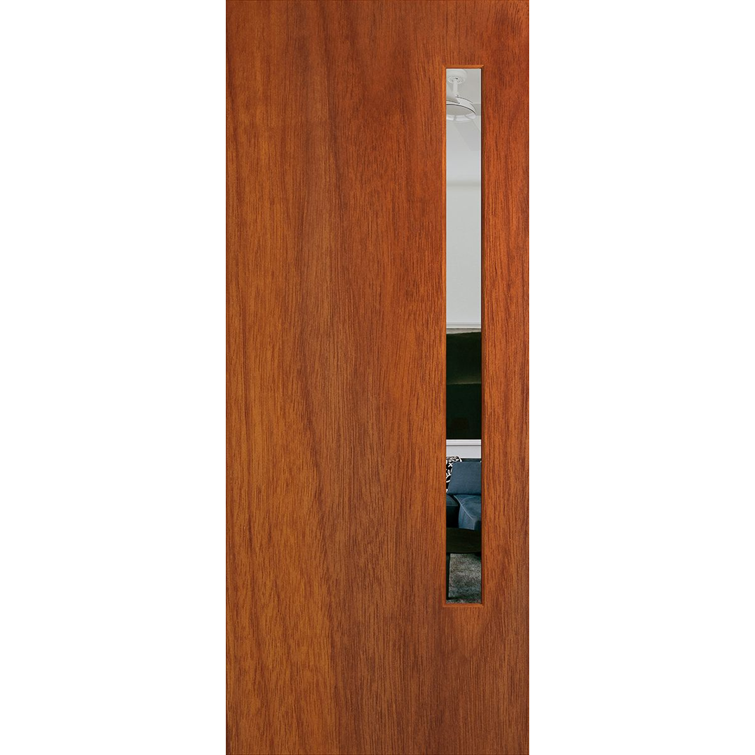 Wooden door with a narrow glass panel on a white background. BFR3MerbauClear