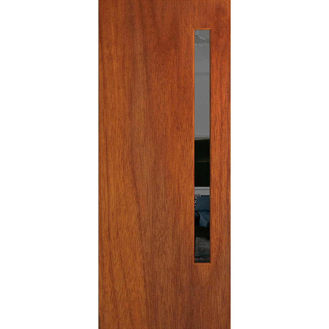 Wooden door with a rectangular glass panel on a white background. BFR3MerbauGrey