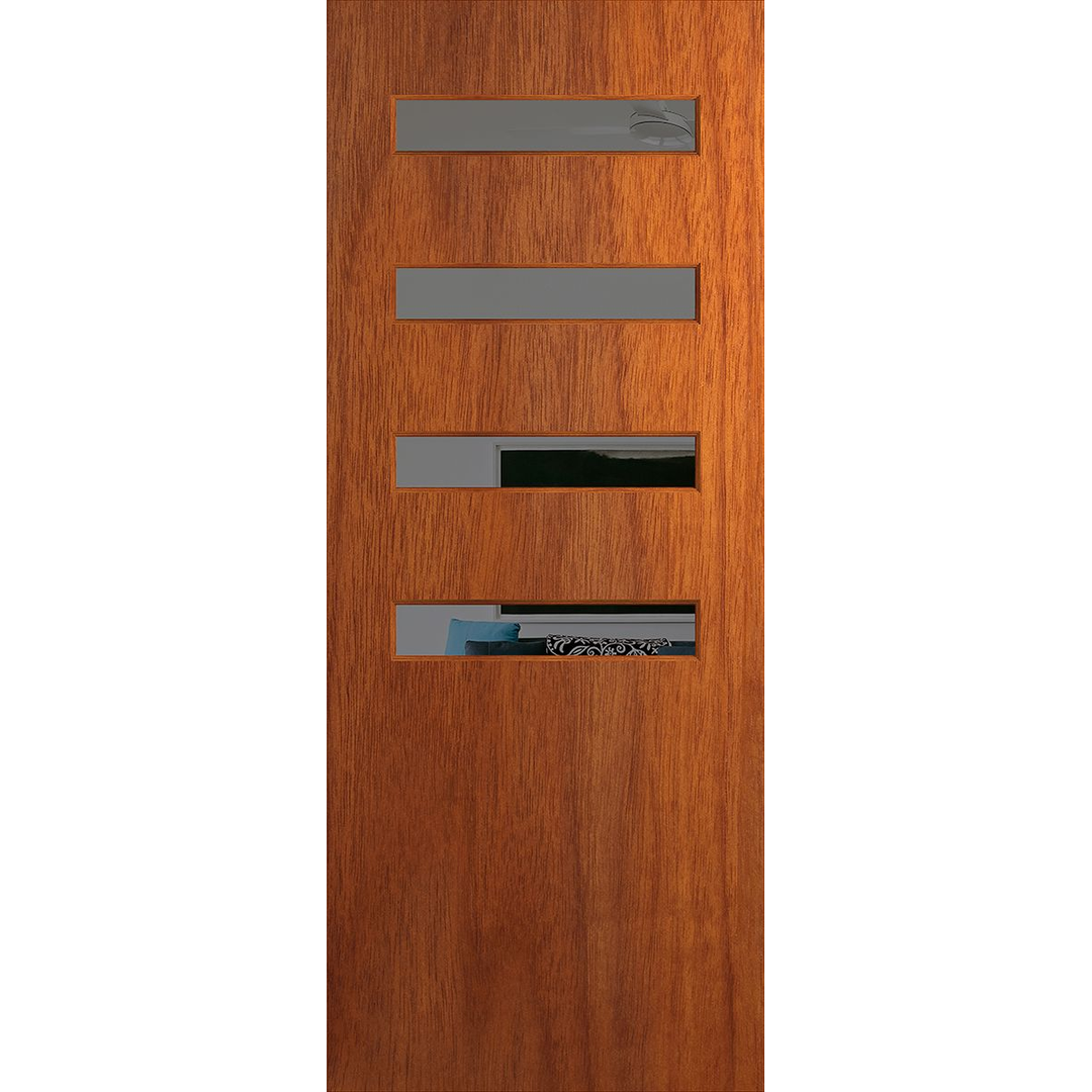 Wooden door with glass panels on a white background. BFR4013MerbauGrey.