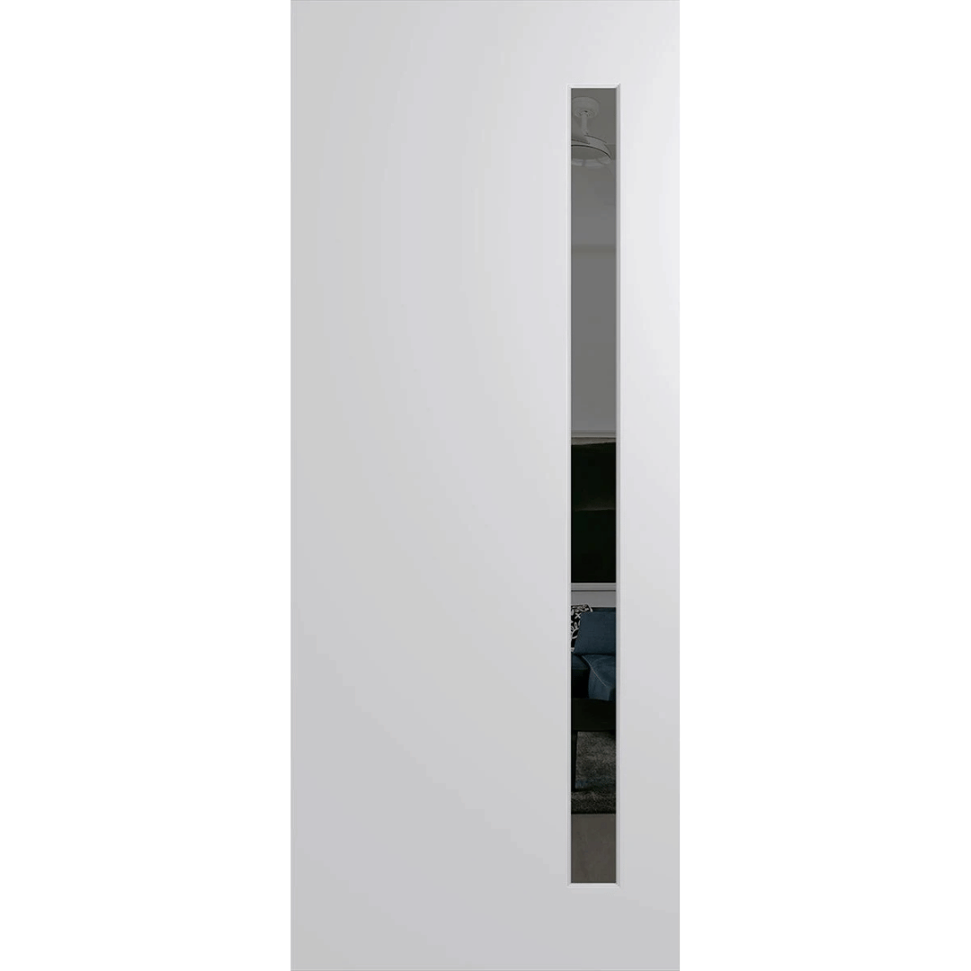 White door with a narrow vertical window on a green background. BFR401DuracoteGrey.