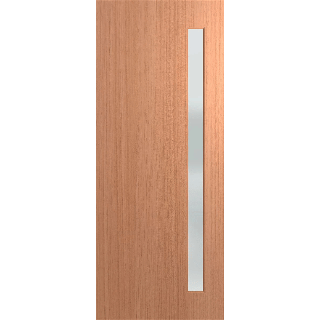 Wooden door with a vertical glass panel on a green background. BFR401SPMFrost.