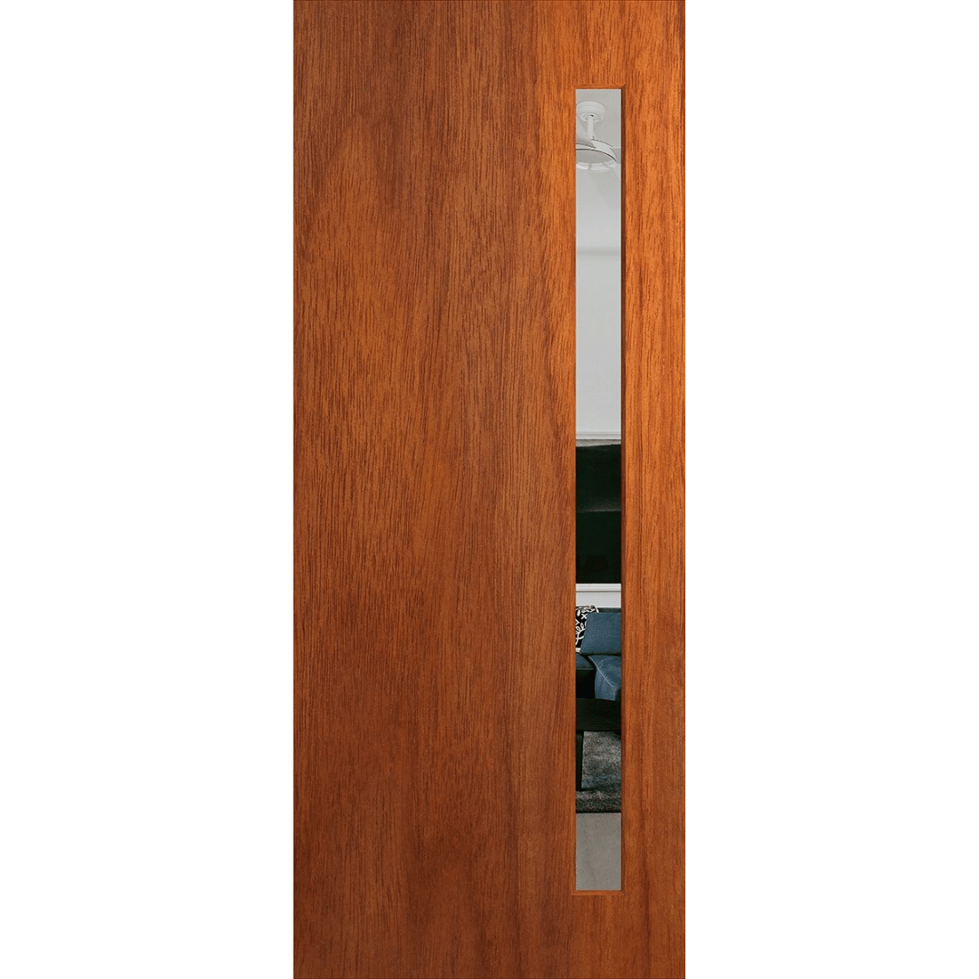 Wooden door with a metallic handle on a green background. BFR401_Merbau_Clear.