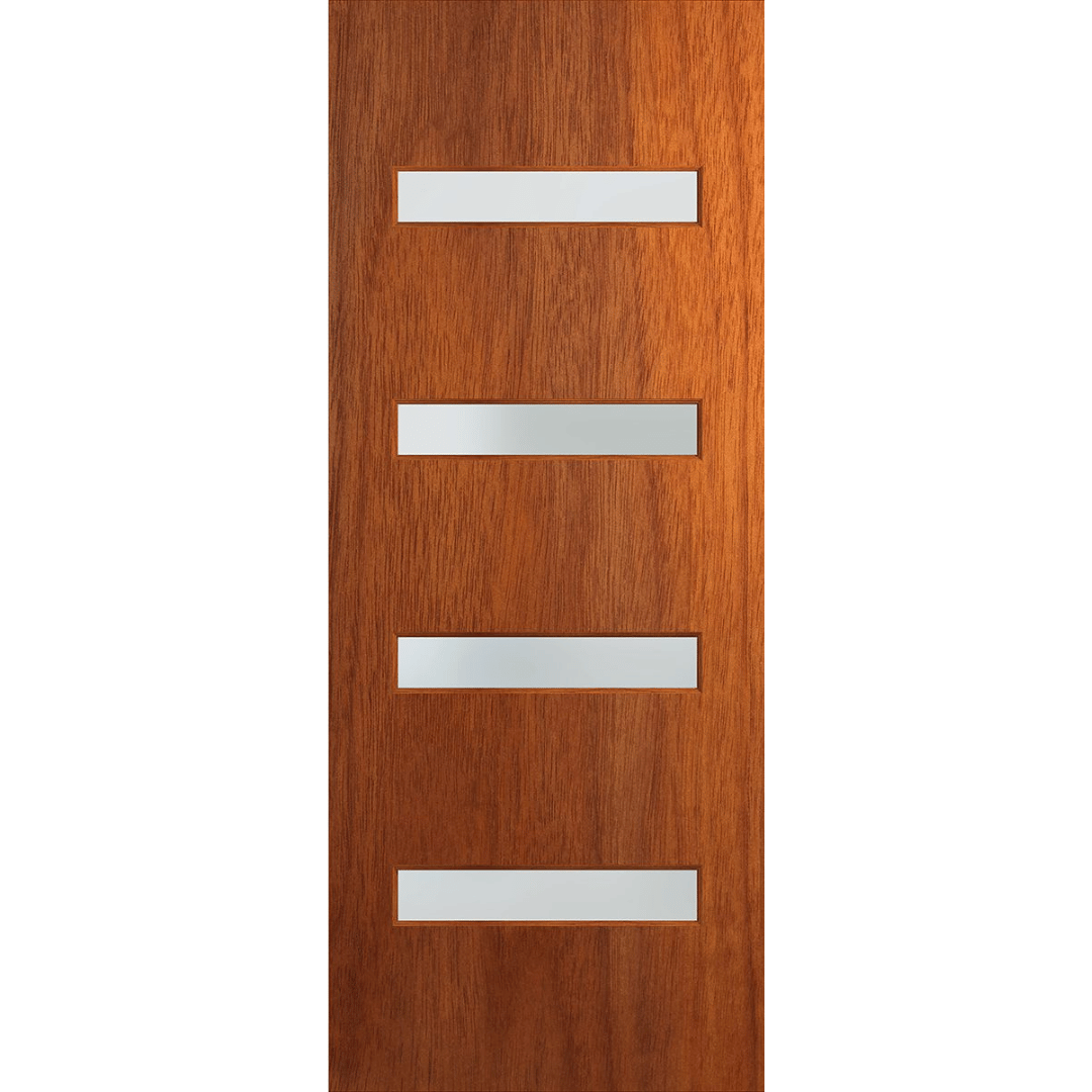 Wooden door with four rectangular glass panels on a transparent background. BFR405MerbauFrost.