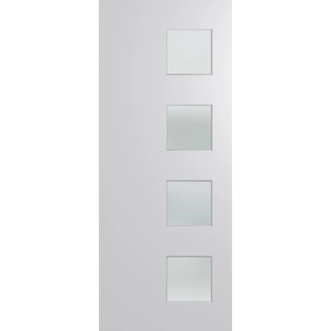 White door with four glass panels on a white background. BFR407DuracoteFrost.