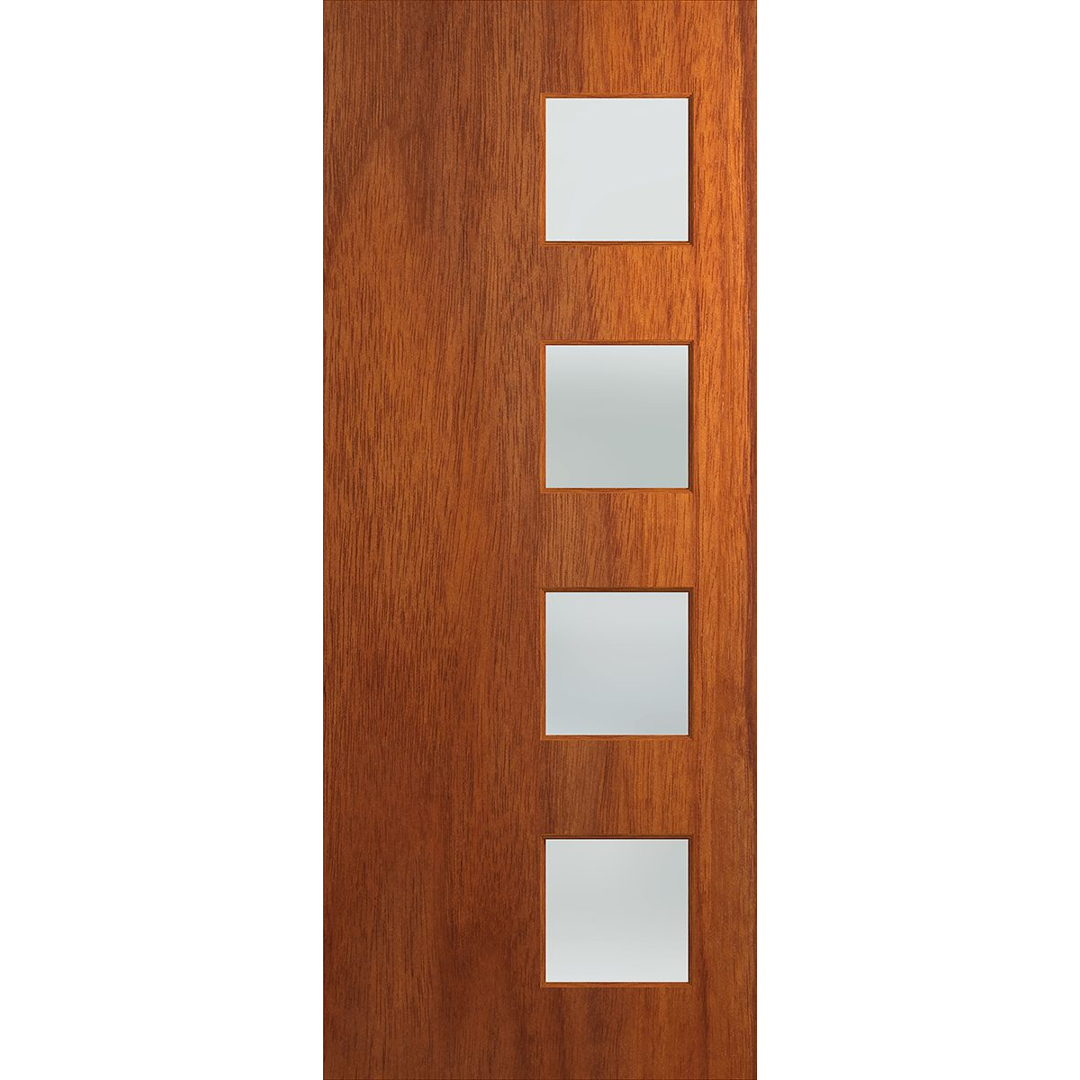 Wooden door with four square glass panels on a white background. BFR407MerbauFrost.