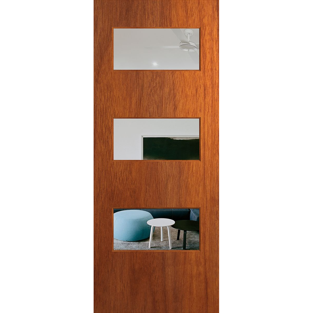 Wooden door with glass panels showing interior decor. BFR5MerbauClear.