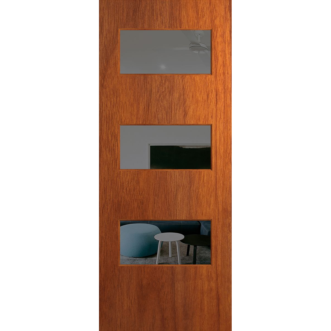 Wooden door with glass panels showing a room interior. BFR5MerbauGrey.