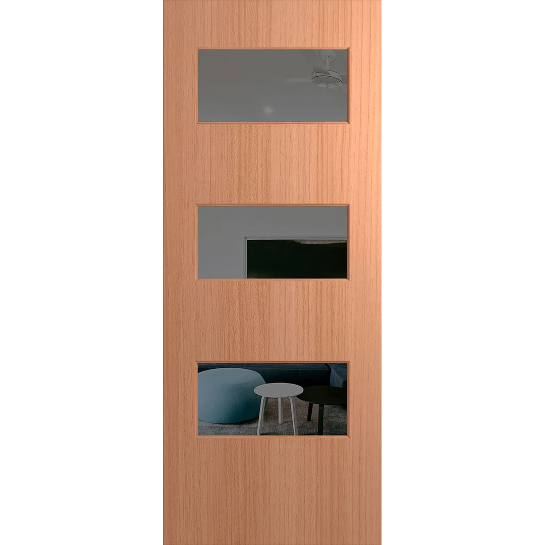 Wooden door with glass panels showing a room interior. BFR5SPMGrey.
