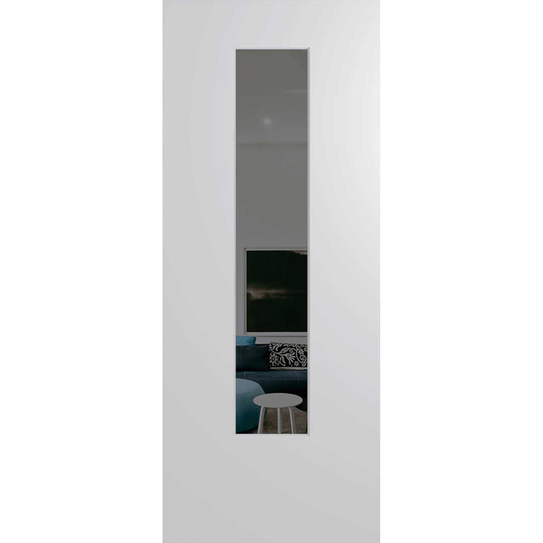 White door with a narrow glass panel on a green background. BFR6DuraXPGrey.
