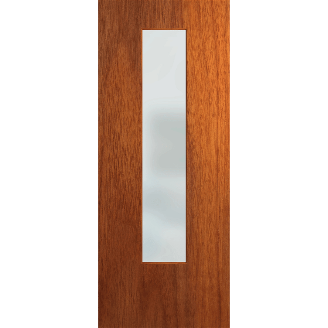 Wooden door with a vertical glass panel on a transparent background. BFR6MerbauFrost.
