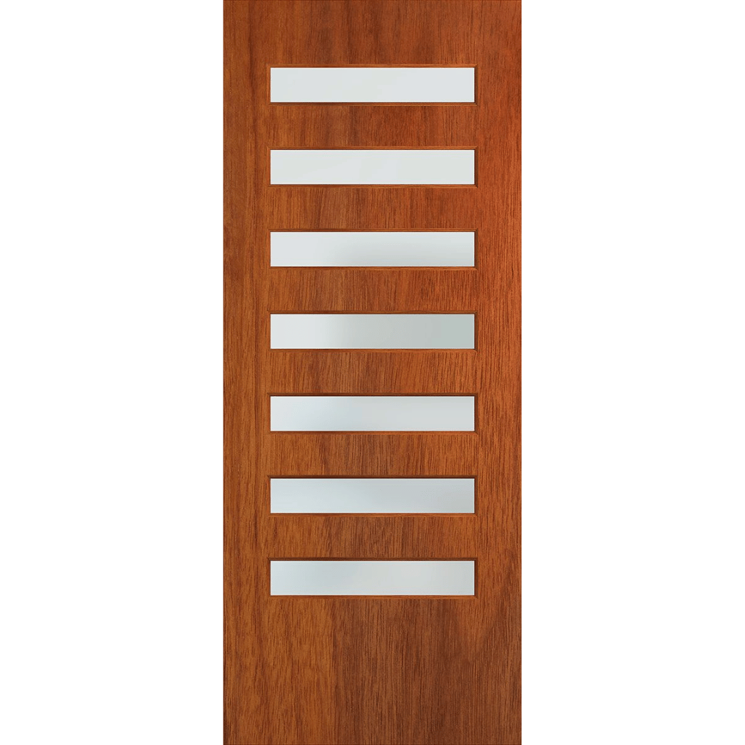 Wooden door with horizontal glass panels on a green background. BFR8MerbauFrost.