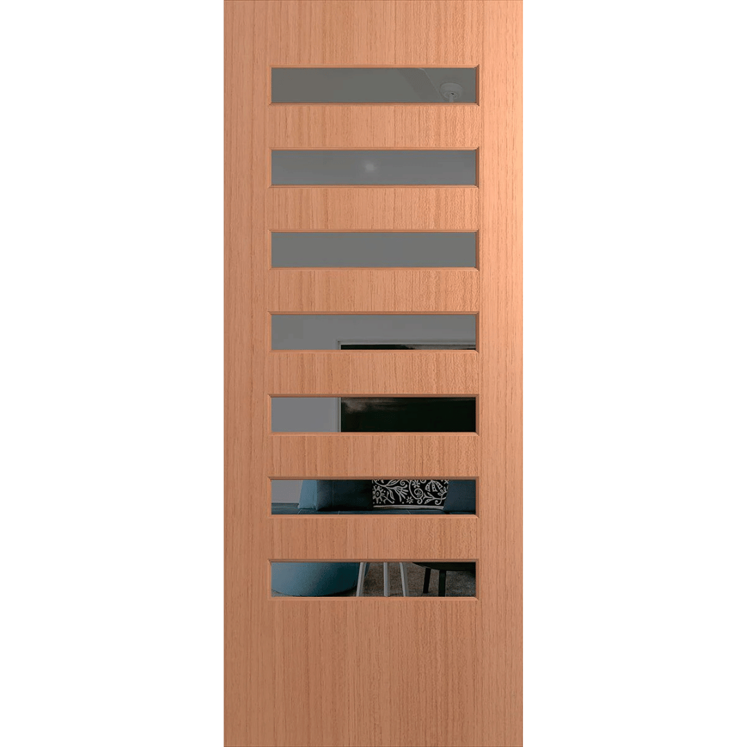 Wooden door with horizontal slats on a green background. BFR8SPMGrey.