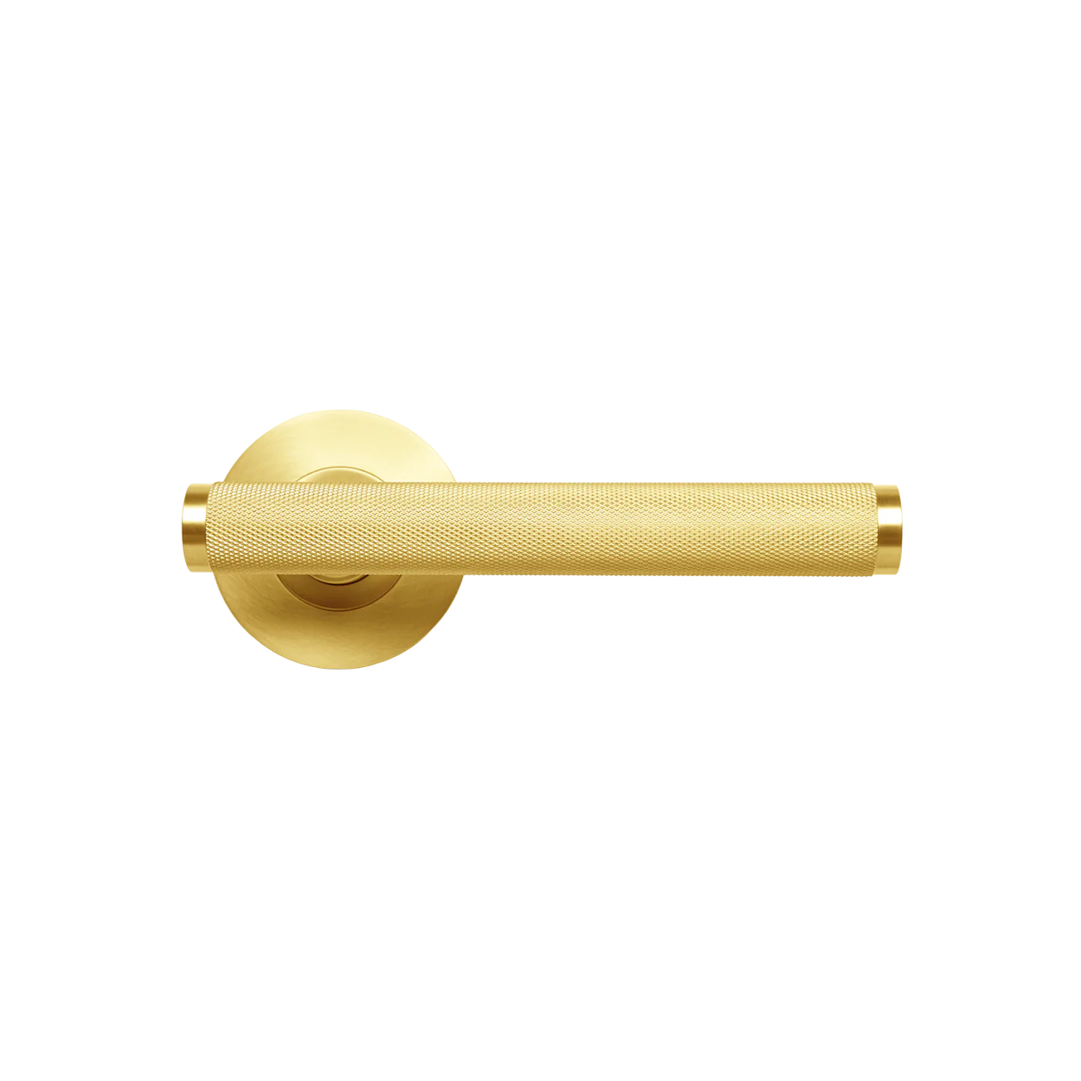 Gold door handle on a white background. BellevueKnurledLeverHandleSetBrushedSatinBrass
