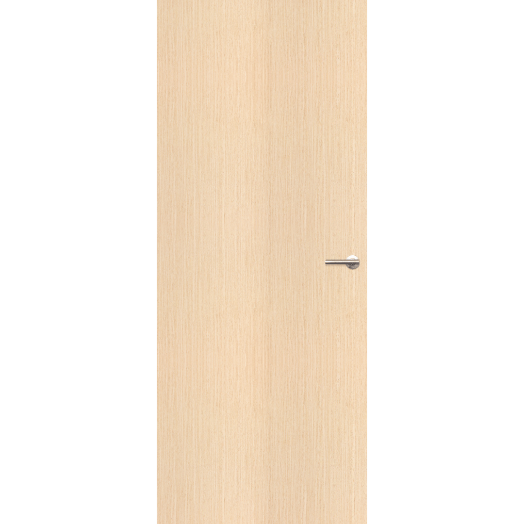 Beige wooden door with a silver handle on a transparent background. Flush White Oak Interior Corinthian Door