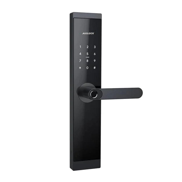 Black digital door lock with Aulock branding on a white background. GlorySeriesH06WifiSmartLock_3