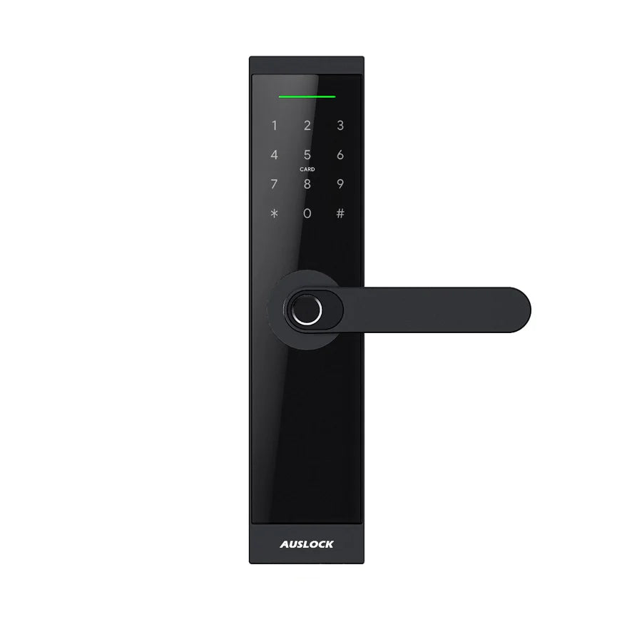 Black digital door lock with a digital keypad on a white background. HandySeries_H05KeylessEntrySmartDoorLock_fac956f1-0841-4b5e-9fbc-d7edea05cf3a