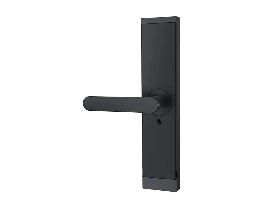 Black door handle on a white background. HandySeries_H05KeylessEntrySmartDoorLock_inside_d19f016c-af21-4148-84a8-28dbdcff6374