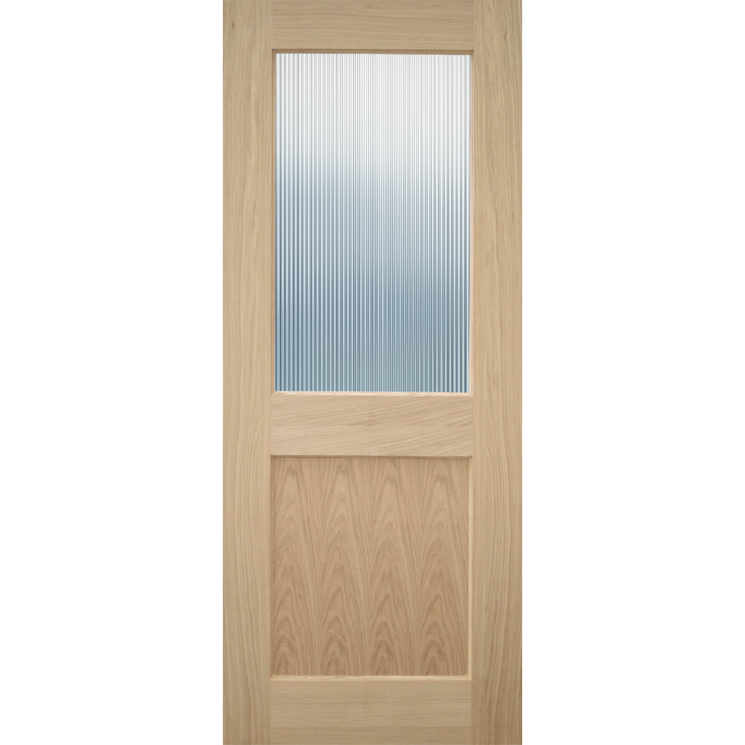 A light oak interior door with a rectangular ribbed glass panel at the top and a lower wood panel section, shown against a plain white background.