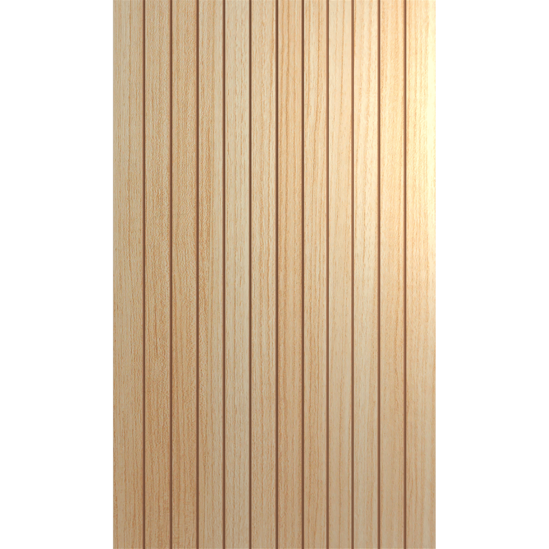 Wooden panel with vertical slats on a green background Hume_LinearEntranceXLR500_TasmanianOak_2
