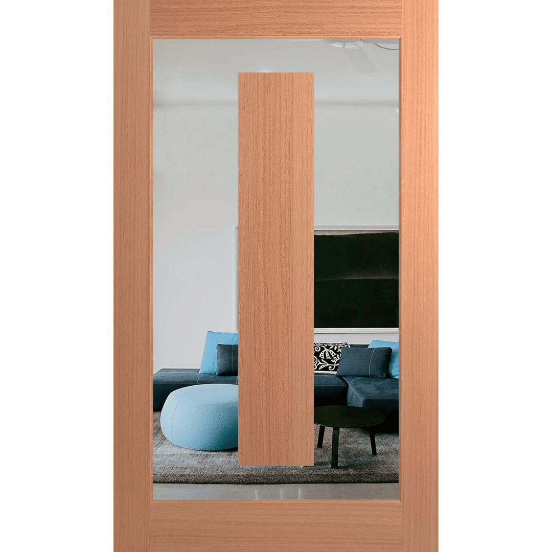 Wooden sliding door with a reflection of a living room with a blue sofa and TV. Hume_XIL21_SlicedPacificMaple_Clear