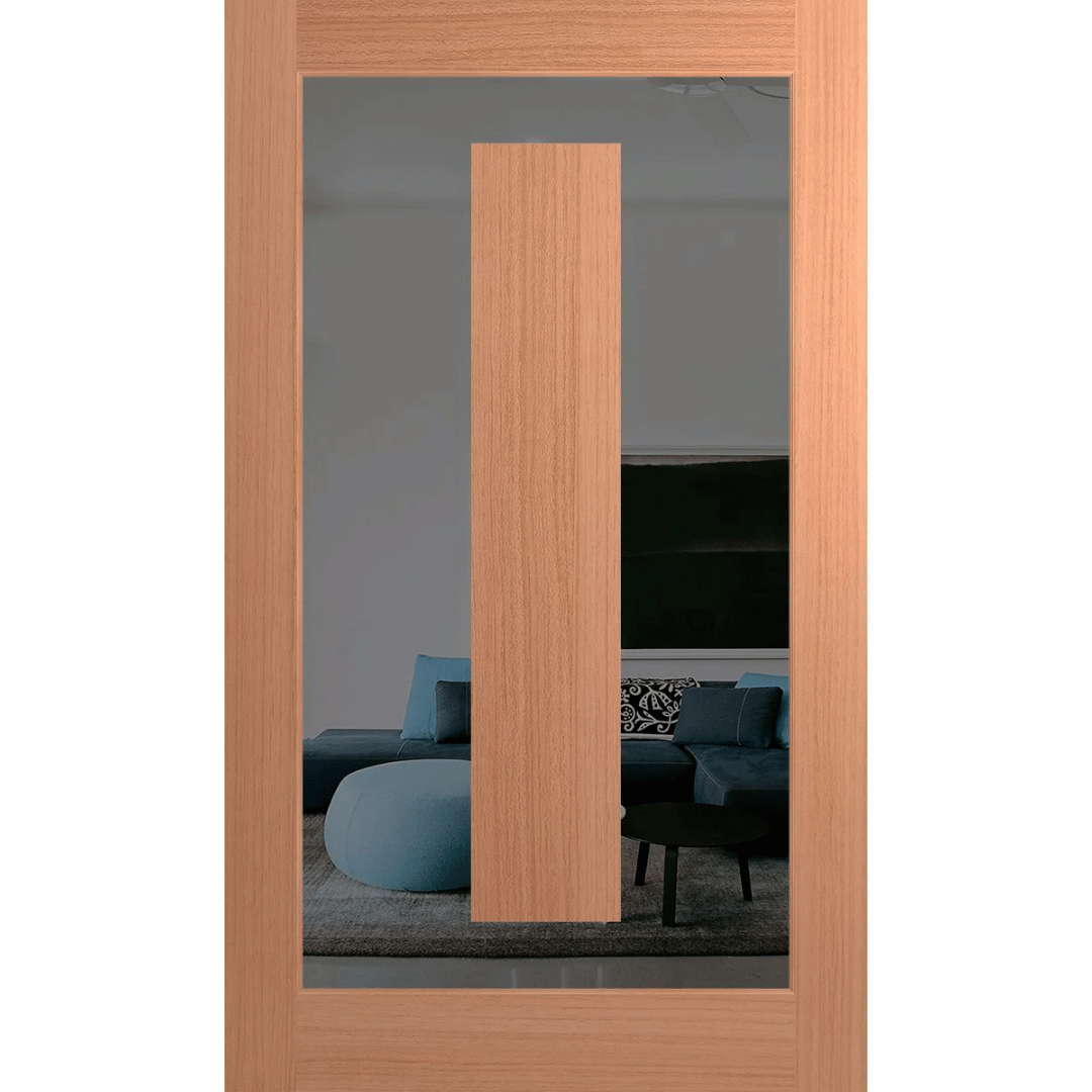 Wooden door with glass panel showing a living room with blue sofa and decorative pillows. Hume_XIL21_SlicedPacificMaple_Grey Tint
