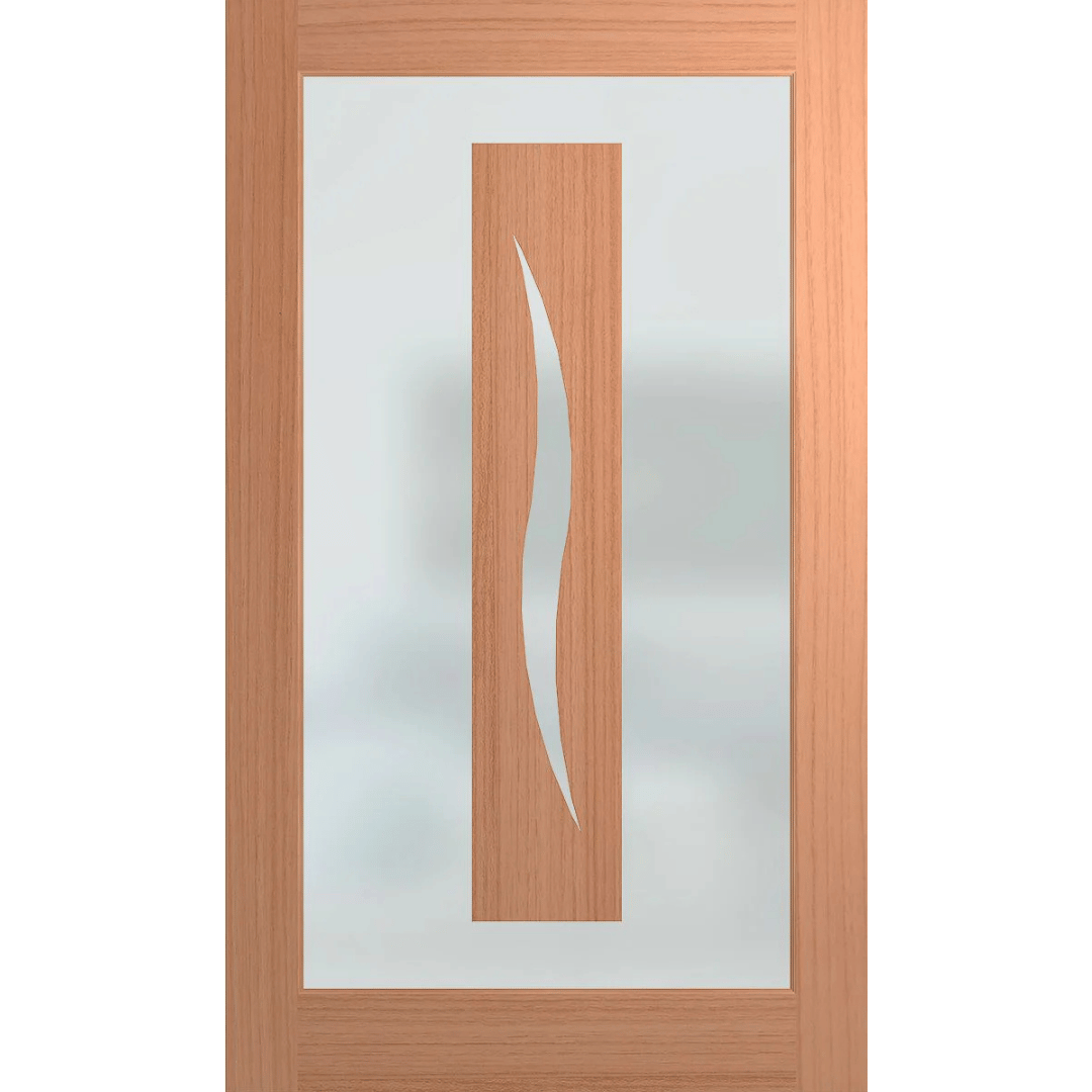 Wooden door with a glass panel featuring a wavy design on a green background Hume_XIL26_SlicedPacificMaple_GreyTint