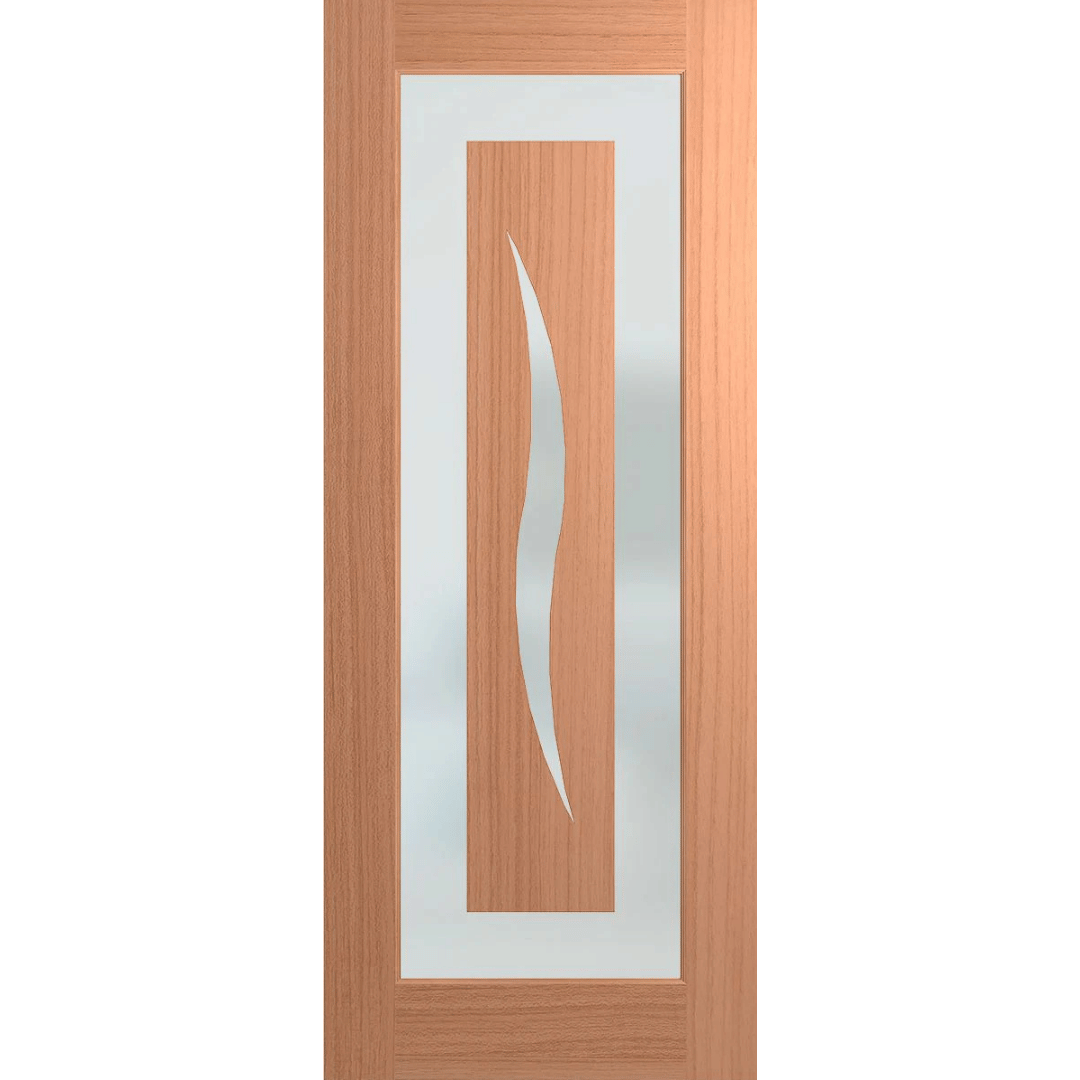 Wooden door with a glass panel featuring a wavy design on a green background Hume_XIL6_SlicedPacificMaple_Translucent
