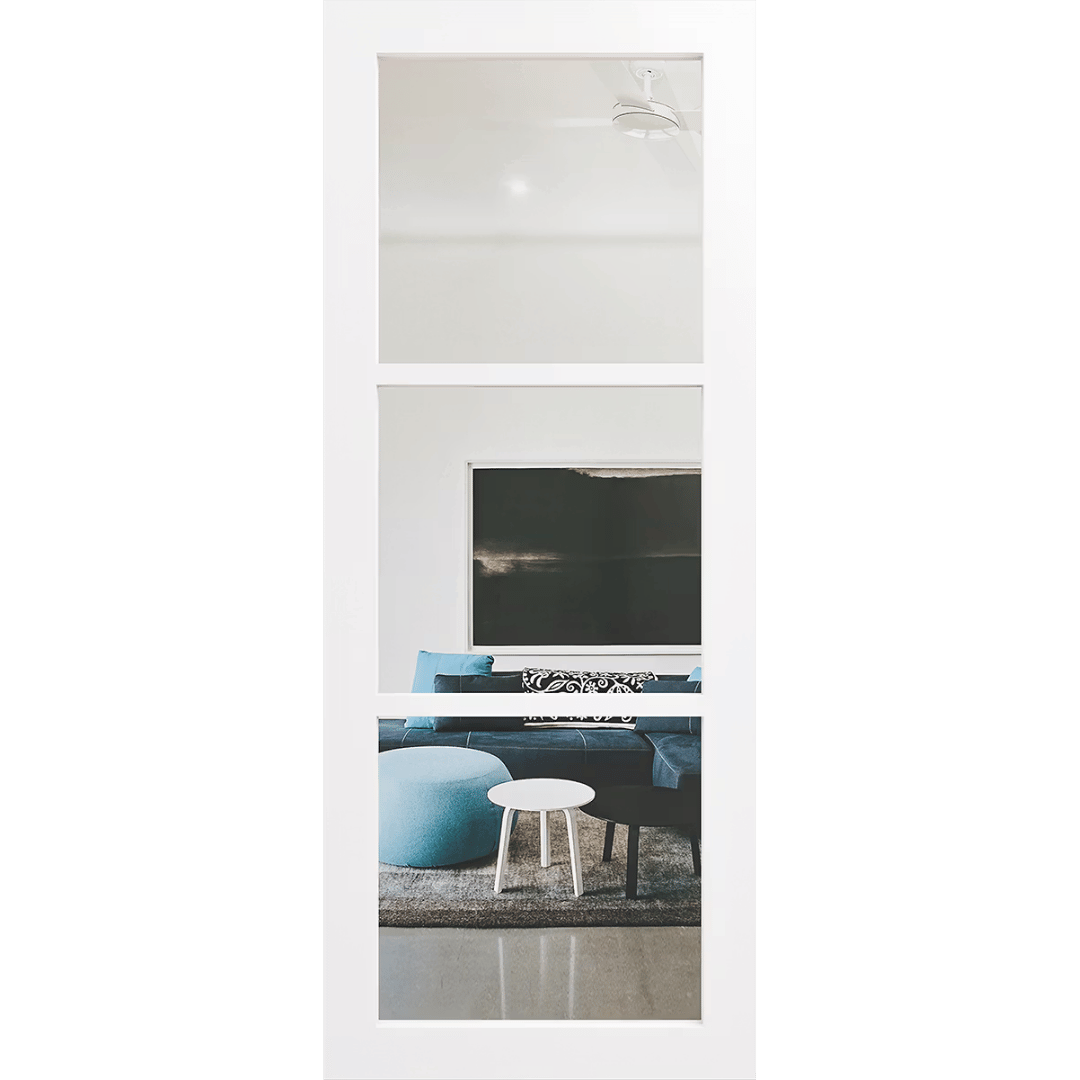 White door with three clear glass panels. LUX3-Clear