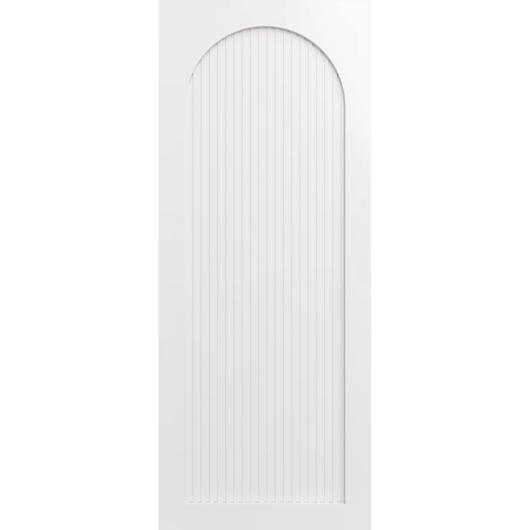 White door with a decorative arch on a green background. LUX8-RoutedBatten