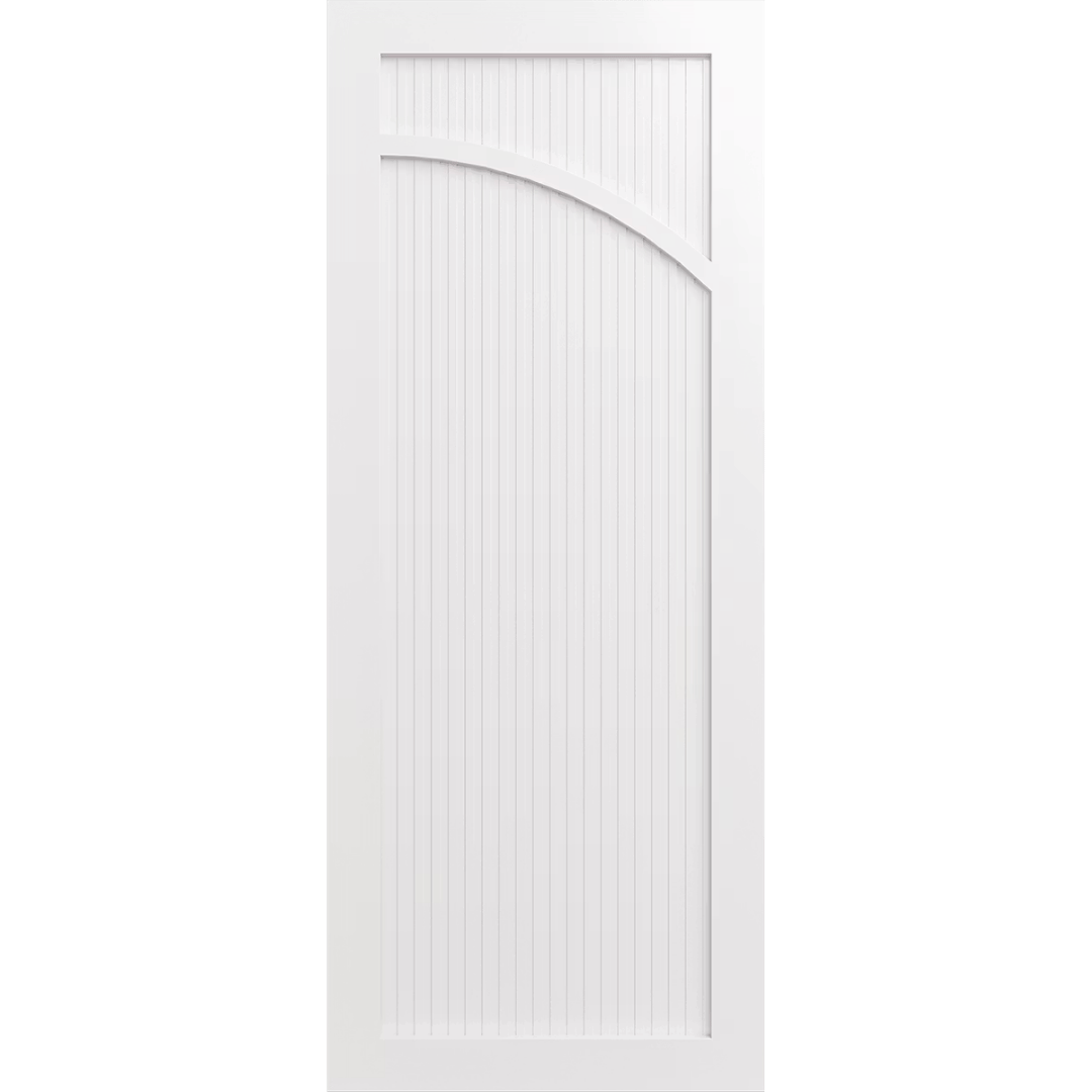 White door with a vertical slat design and an arch facing right. LUX9R-RoutedBatten