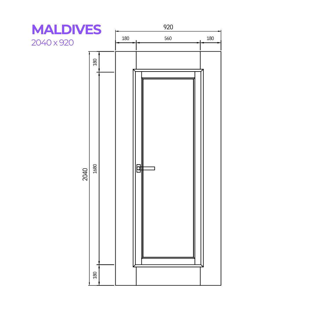 Technical drawing of a door with dimensions labeled, for the Maldives door from Bay Solutions