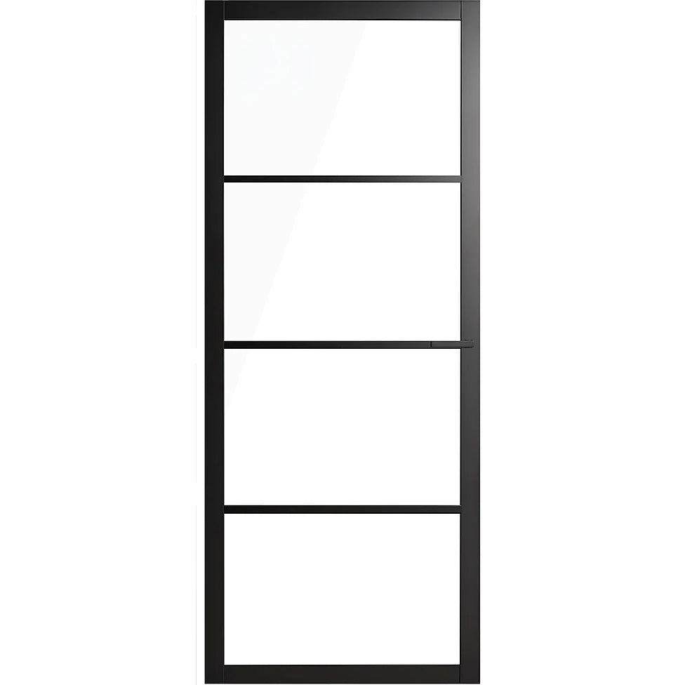 Manhattan BHAT 10G internal timber door with Attica passage set featuring clear glass panels and black lever hardware