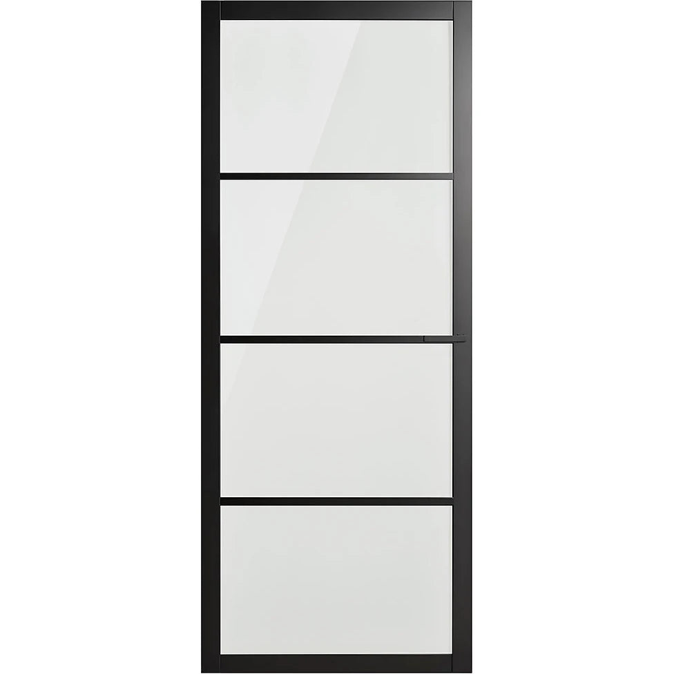 Manhattan BHAT 10G internal timber door with Attica passage set fitted with translucent glass panels and black lever