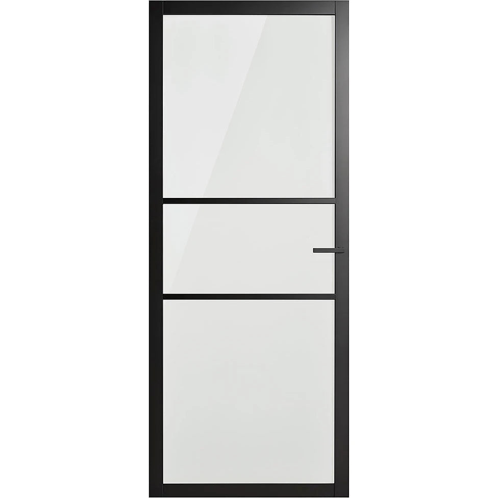 Manhattan BHAT 4G internal door in black primer with Attica privacy set and translucent glass panels
