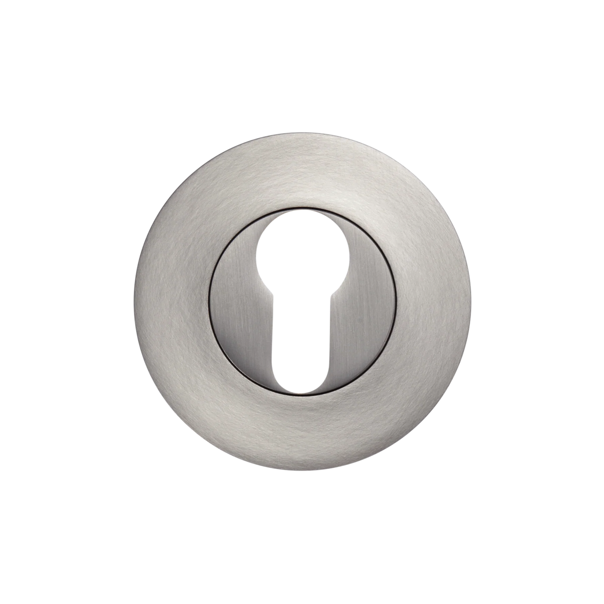 Metallic door escutcheon on a white background. MomoEuroCylinderEscutcheonSetDullBrushedNickel