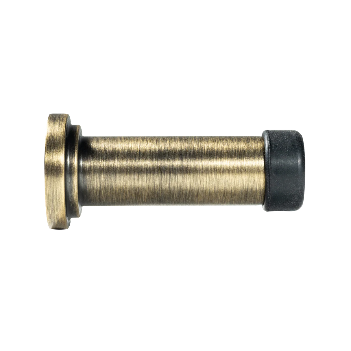 Metal door stopper with brass finish on a white background. MomoHandlesSolidBrassDoorStopDarkBrushedBrass
