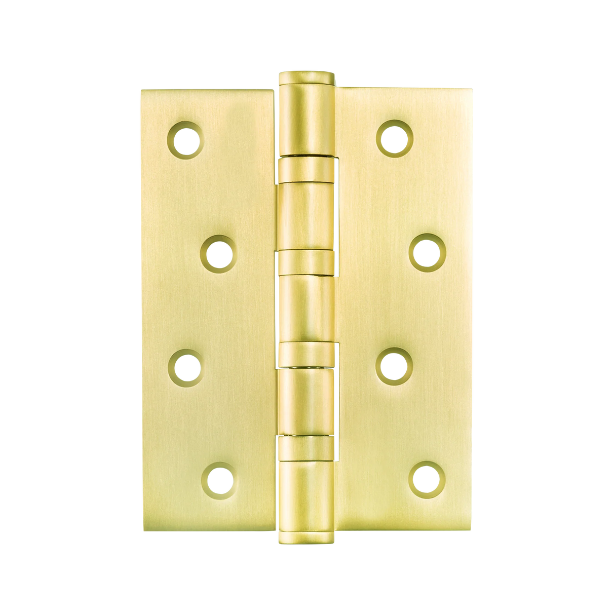 Gold metal hinge on a white background. MomoSolidBrassHinge100mmx76mmInBrushedSatinBrass