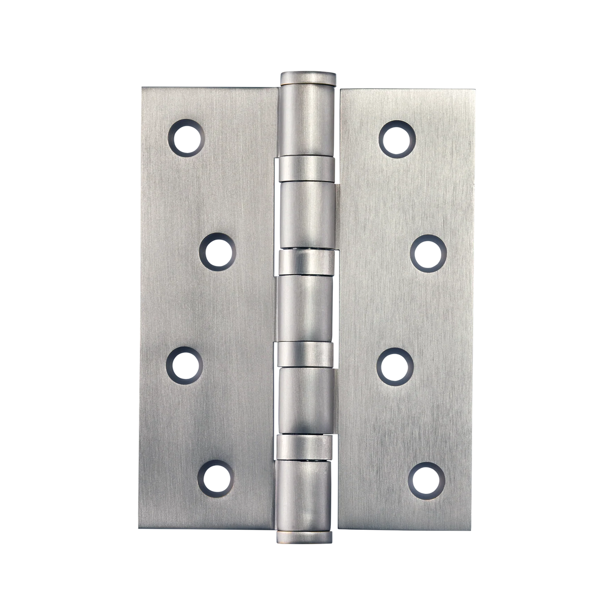Metallic door hinge on a white background. MomoSolidBrassHinge100mmx76mmInDullBrushedNickel