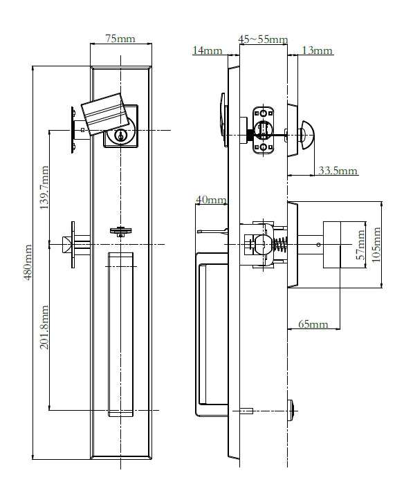 Technical dimension drawing of a N2LOK Agrigento Entry Set Box Pack Dimensions showing front, side, and rear views with measurements in millimeters.